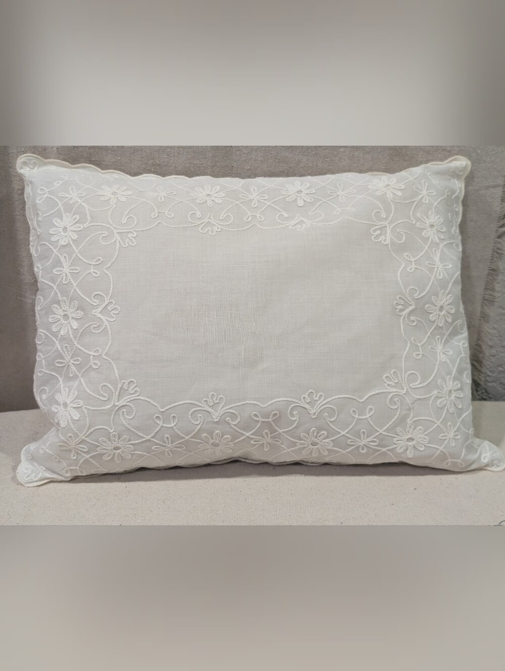 Vintage Marshall Fields child's feather pillow w/ white embroidered pillow case
